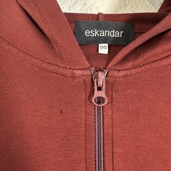 Eskandar Hoodie O/S Brick Red Pima Angle to Front Full Zip Lagenlook Casual - Picture 11 of 12